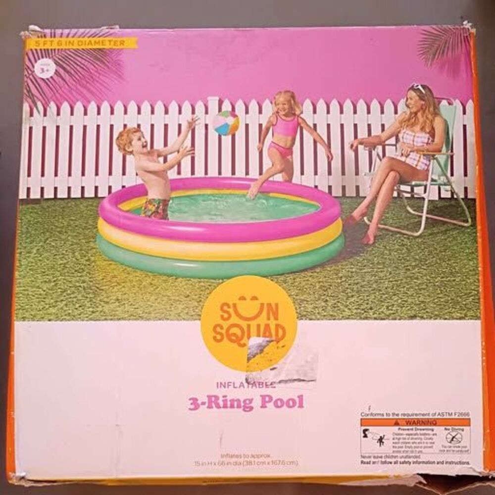 NEW Sun Squad Inflatable 3 Ring Pool 5ft 6in Diameter PinkYellowGreen KiddiePool